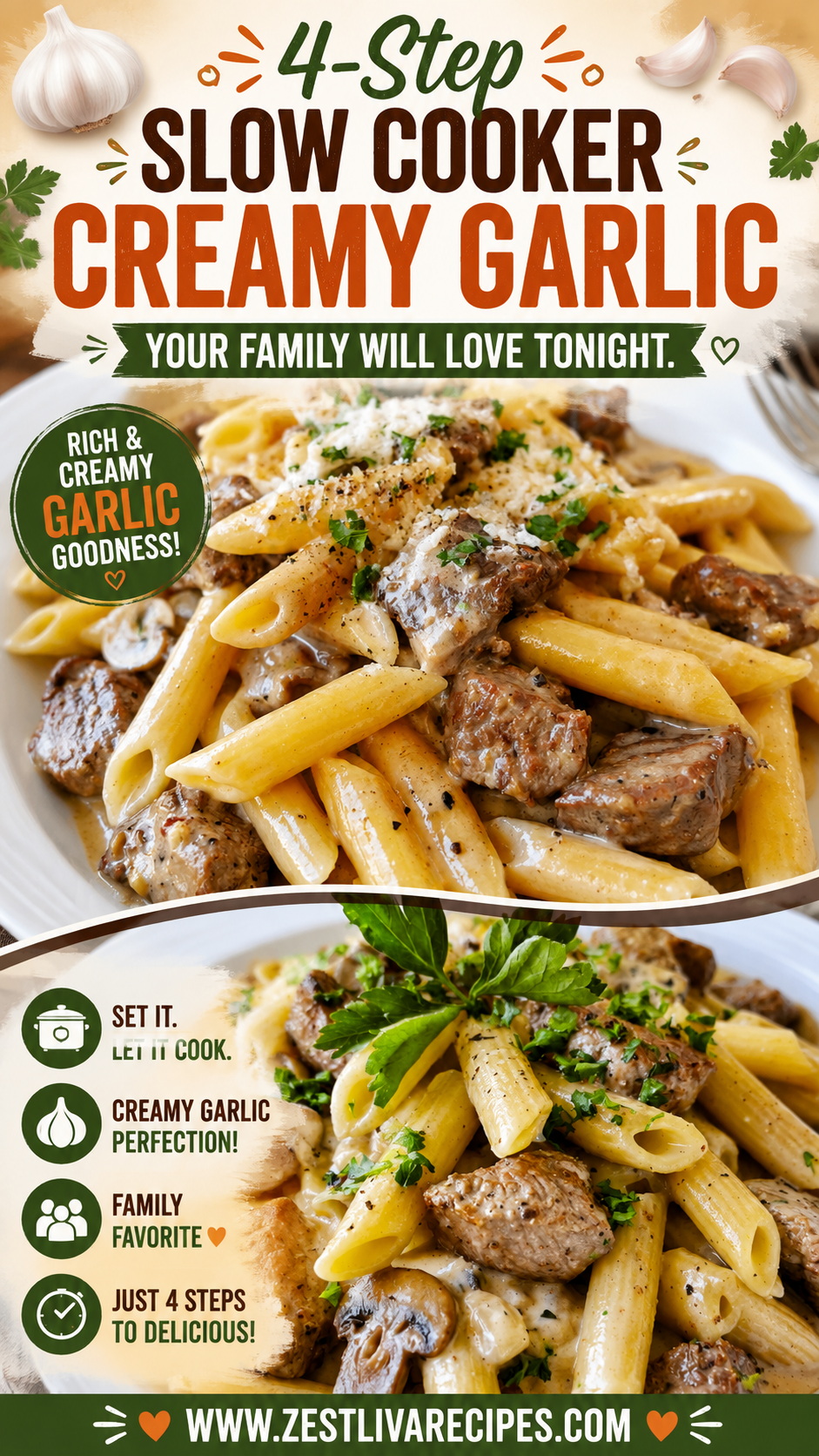 slow cooker creamy garlic beef pasta