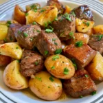slow cooker garlic butter beef bites with potatoes