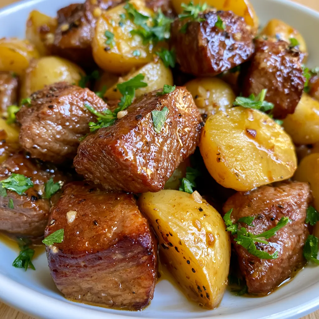 slow cooker garlic butter beef bites with potatoes