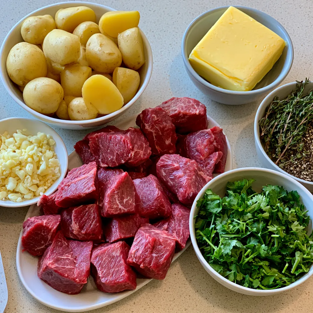slow cooker garlic butter beef bites with potatoes