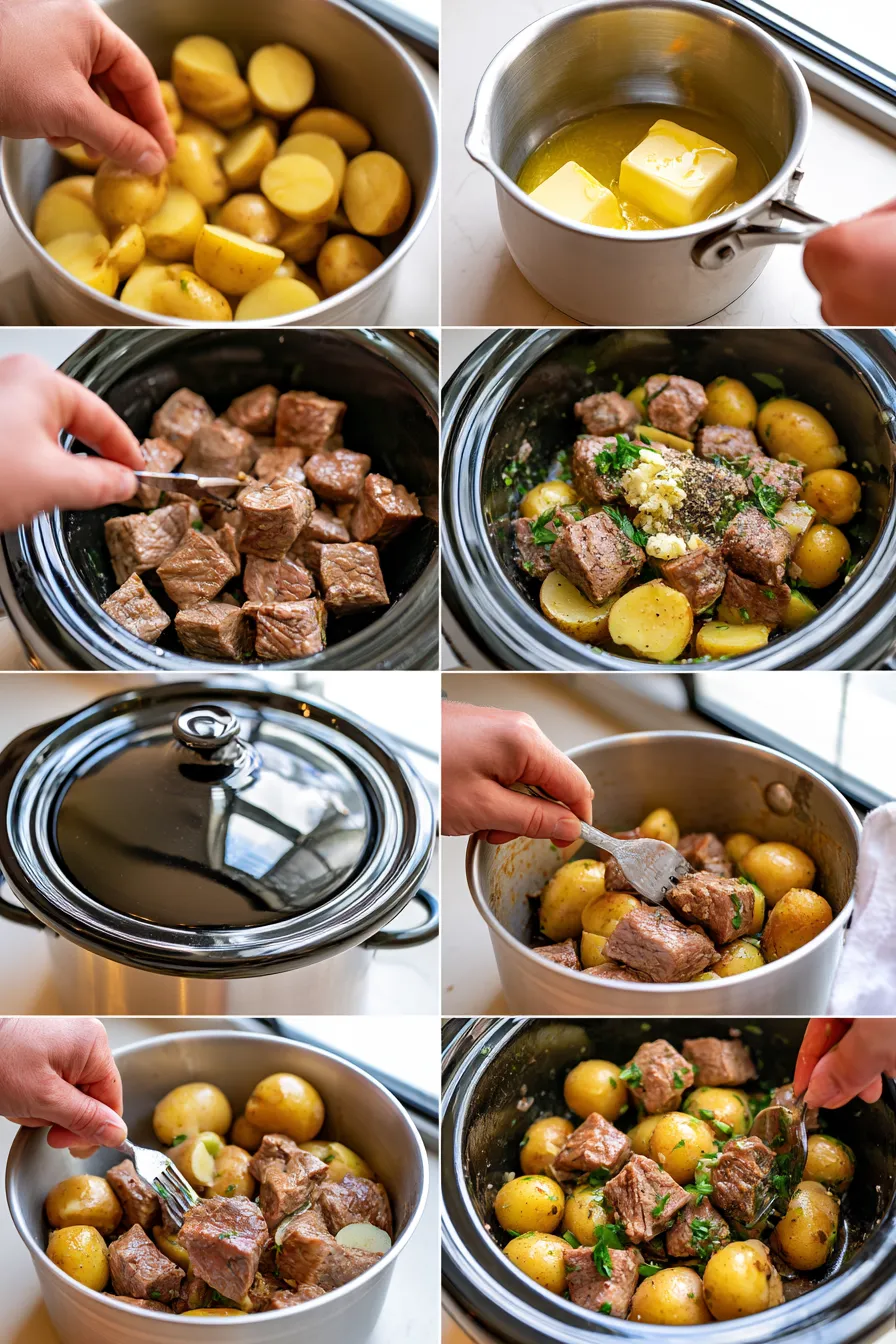 slow cooker garlic butter beef bites with potatoes