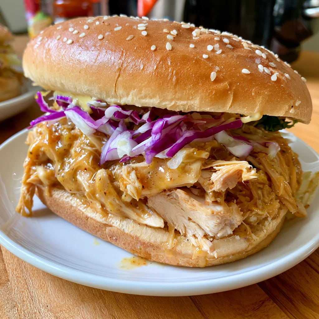 slow cooker honey mustard shredded chicken sandwich