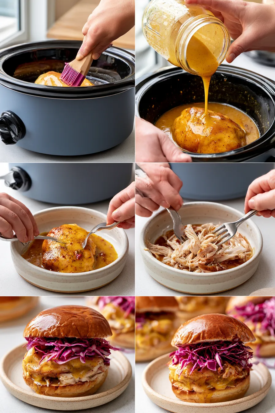 slow cooker honey mustard shredded chicken sandwich
